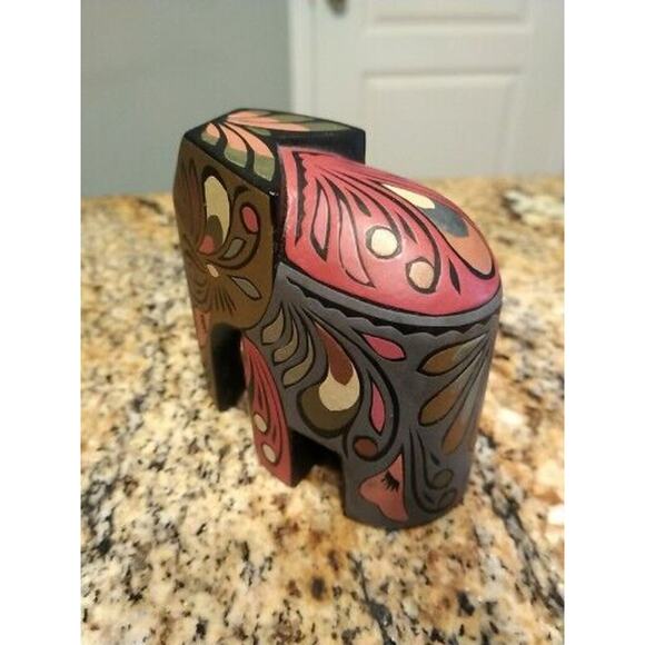 Ceylon Wooden Elephant Carved 3" Figure Hand Painted PW Home Decor Statue - Picture 4 of 10